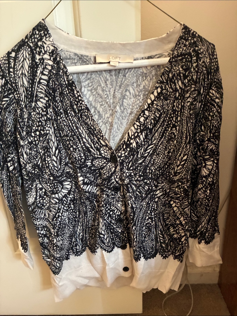 LOFT Black and White V-Neck Printed Button Cardigan
